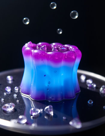 close up of a blue jelly on a black background with water drops