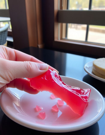 Hand holding red jelly in a white plate on the wooden table.の写真素材