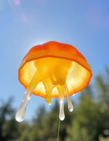 Water drops on a red and yellow bell pepper against a blue skyの写真素材