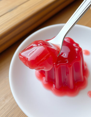 Red jelly on a spoon in a white plate on a wooden tableの写真素材