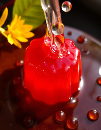 Honey dripping from a spoon into a bowl of red jelly.の写真素材
