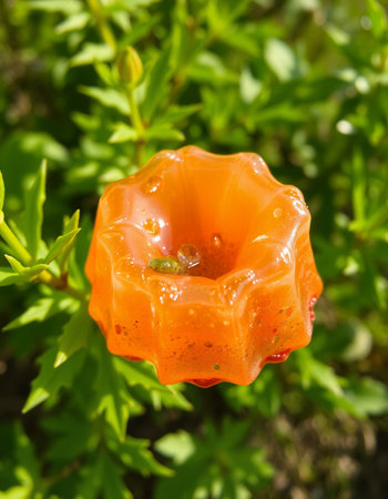close-up of a orange flower on a background of green leavesの写真素材
