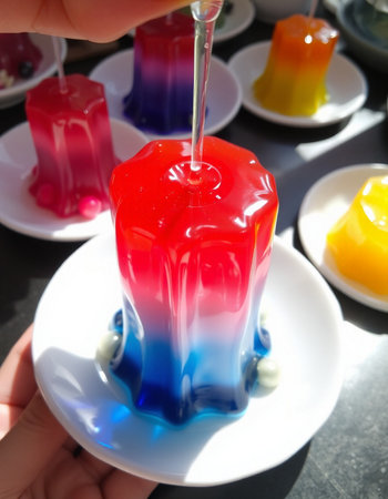 Colorful jelly candies on a white plate, closeup of photoの写真素材