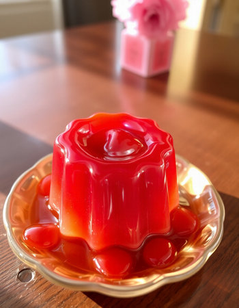 Strawberry jelly on a plate on a table in a cafe