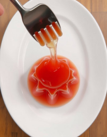 Honey dripping from a spoon into a bowl of sweet cherry jellyの写真素材