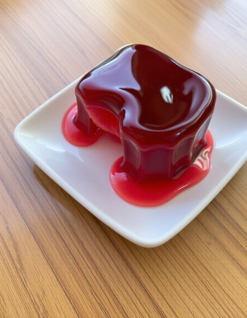 Strawberry jelly on a white plate on a wooden table.の写真素材