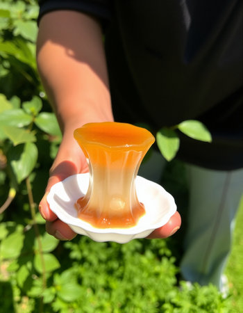 A man's hand holds a cup of coffee in the garden.