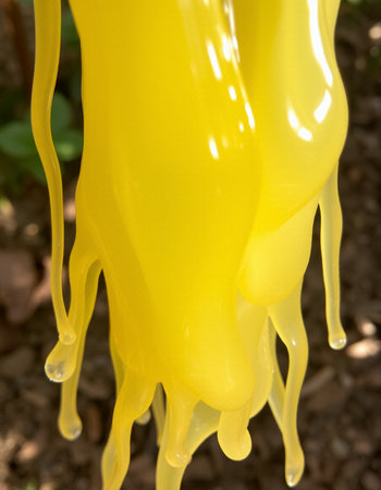 Close up of yellow paint dripping from the roof of a building.の写真素材