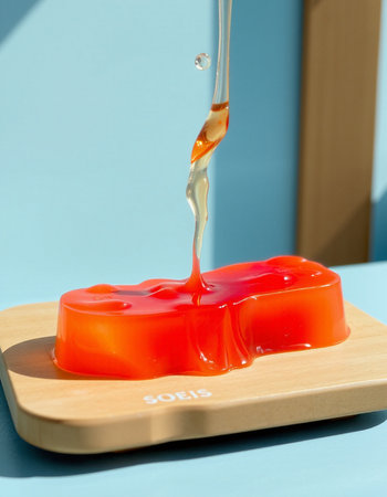 Pouring honey from a bottle into a red jelly on a blue backgroundの写真素材