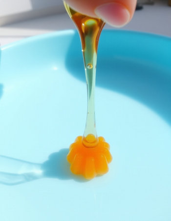 Honey pouring from a spoon into a blue plate, close upの写真素材