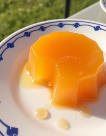 Panna cotta with orange jelly on a plate in the gardenの写真素材
