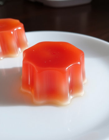 jelly pudding on a white plate, closeup of photo.の写真素材