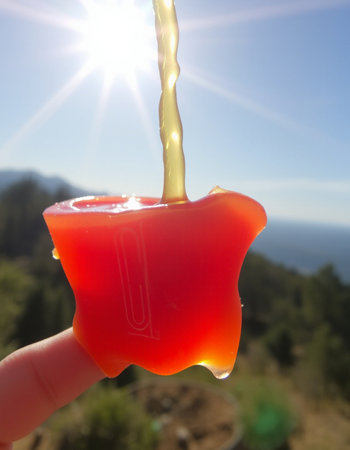 Red jelly in hand against the background of the mountains and the sunの写真素材