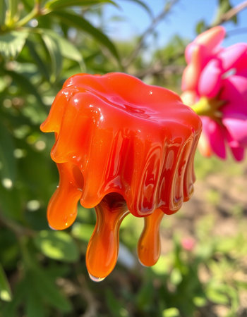 Honey dripping from a red jelly candlestick in the gardenの写真素材