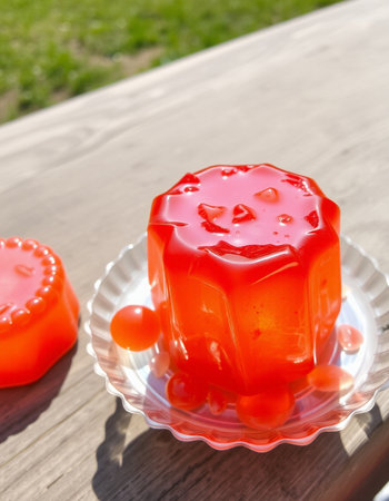 Jelly pudding with red jelly on a wooden table in the gardenの写真素材