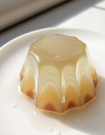 Panna cotta with caramel on a white plate, close upの写真素材