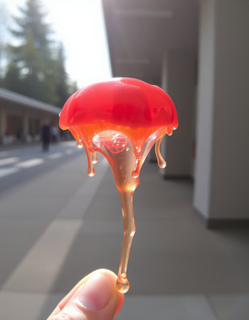 Honey dripping from a red jellyfish on the background of a buildingの写真素材