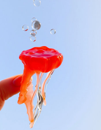 Red jellyfish in hand on blue sky background, closeup of photoの写真素材