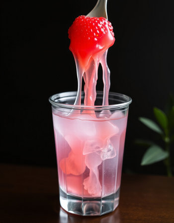 Strawberry cocktail in a glass with ice on a black backgroundの写真素材