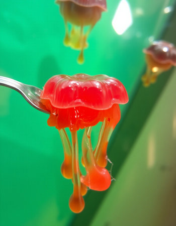 Jellyfish in a glass jar on a fork, closeup of photoの写真素材