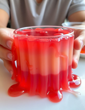 Woman hand holding a cup of red jelly on white background, close upの写真素材