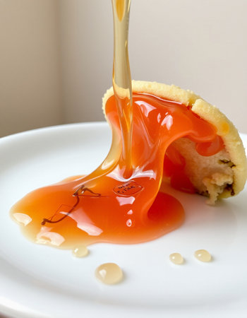 Pouring caramel sauce on a piece of cake with almonds on a white plateの写真素材