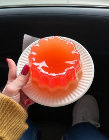 Woman holding a red jelly on a white plate in the car.の写真素材