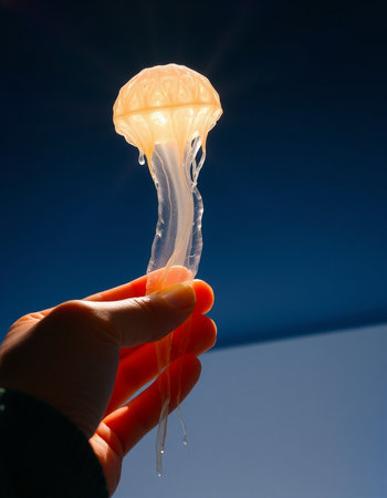 jellyfish in hand on a blue background. close-upの写真素材