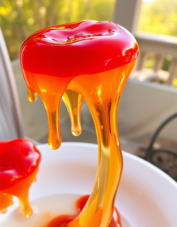 Orange liquid dripping from a spoon into a bowl on a terraceの写真素材