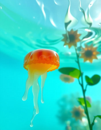 Jellyfish in the water with a drop of water and flowersの写真素材