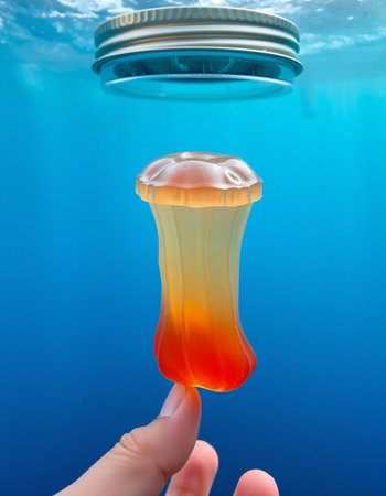 Finger touching jellyfish floating in the ocean. 3d illustrationの写真素材