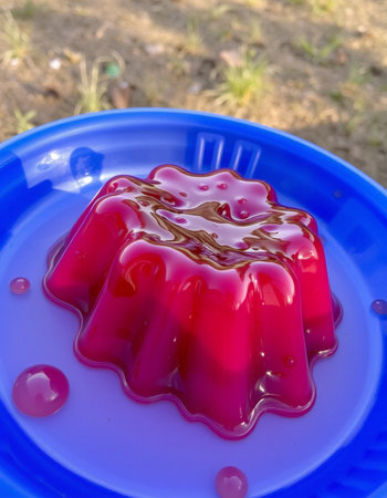 Red jelly on a blue plate in the garden, closeup of photoの写真素材