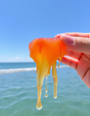 Liquid dripping from orange fruit on a background of the sea.の写真素材
