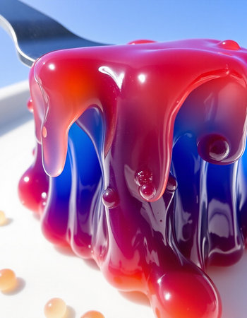 close up of a spoonful of red and blue syrup on a plateの写真素材