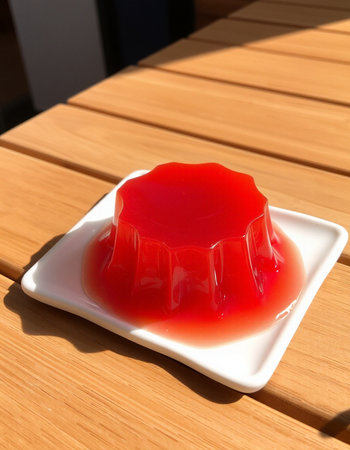 jelly pudding on a white plate on a wooden table in a cafe