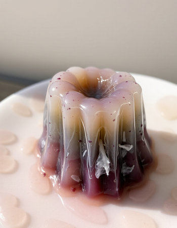 Close up of a jelly pudding in a white plate with red and pink jellyの写真素材