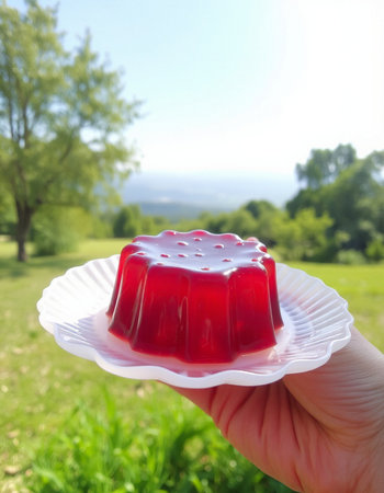 Jelly pudding in hand on the background of the summer landscape.の写真素材