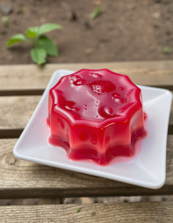 Red jelly in a white plate on a wooden table in the gardenの写真素材