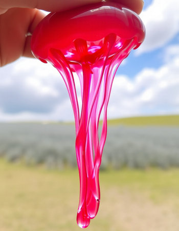 Red jelly in hand against the background of a field of lavenderの写真素材