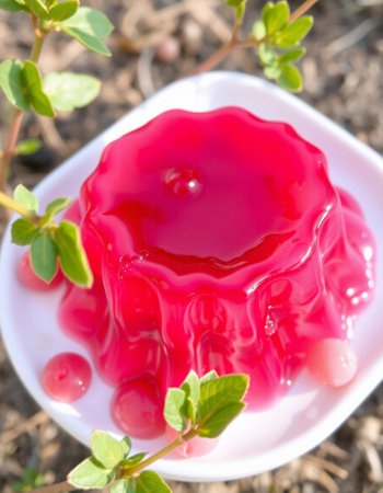 Jelly with berries on a white plate in the garden, close-upの写真素材