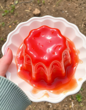 A woman holding a plate with a delicious red jelly in the gardenの写真素材
