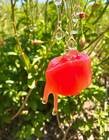 Water droplets on a red wax candle in a rose garden.の写真素材