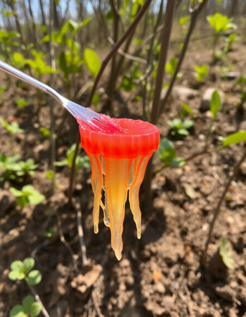 Red jelly candies on a fork in the forest close-upの写真素材