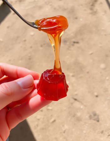Honey dripping from a spoon in the form of a red jellyの写真素材