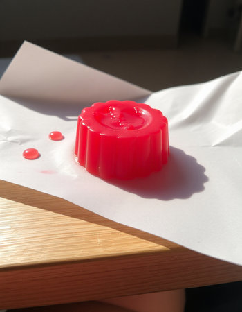 Red jelly in the shape of a heart on a white sheet of paperの写真素材