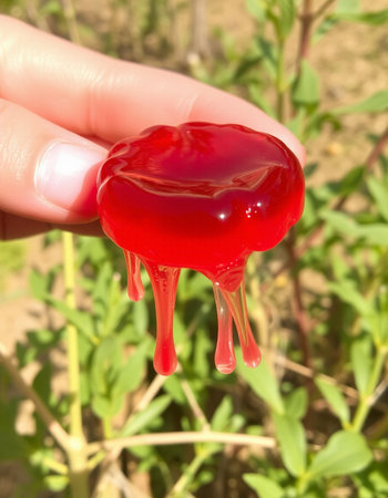 Red jelly in hand on a background of green grass. Red jelly in hand.