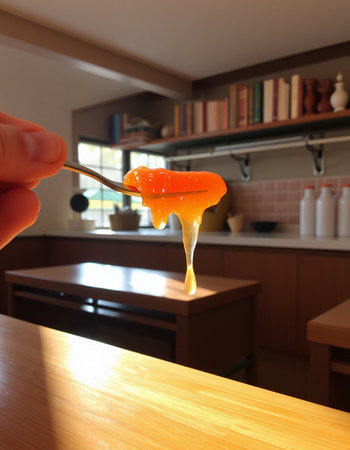 Orange jam in a spoon on a wooden table in the kitchen.の写真素材