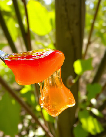 Fruit jelly on a fork in the garden. Selective focus.