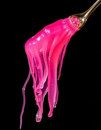 pink paint splashing from a paintbrush isolated on black backgroundの写真素材