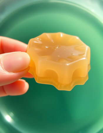 Hand holding yellow jelly in a green bowl, close-up.の写真素材